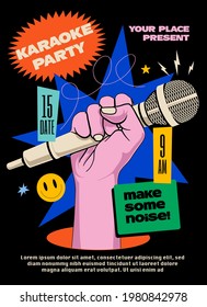 Karaoke party poster or flyer or banner design template with raised hand holding microphone and bright colored elements on black background. Vector illustration