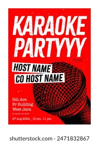 Karaoke party poster, flyer banner design template with microphone red background Vector design, sing night at cafe or club, party event poster design