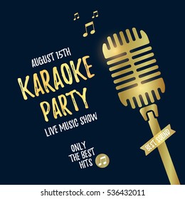 Karaoke Party Poster With Gold Retro Microphone. Vector Illustration