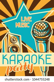 Karaoke party poster. Music event banner. Illustration with microphone and acoustics in retro style.
