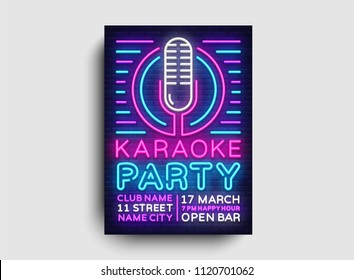 Karaoke party poster neon vector. Karaoke night design template, bright neon brochure, modern trend design, light banner, typography invitation to the party, advertising postcard. Vector illustration