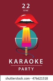 Karaoke party poster. Vector illustration on a musical theme party.Ice cream with microphone and lips.