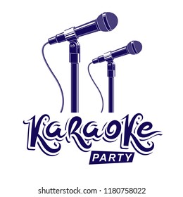 Karaoke party promotion poster design. Rap battle concept, two stage microphones vector illustration.