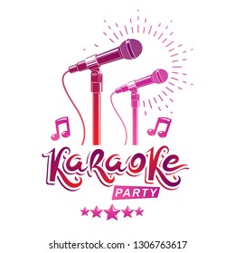 Karaoke party promotion poster design composed using musical notes and 5 pentagonal stars. Rap battle concept, two stage microphones vector illustration.