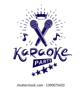 Karaoke party promotion poster design composed using musical notes and 5 pentagonal stars. Rap battle concept, two stage microphones vector illustration.