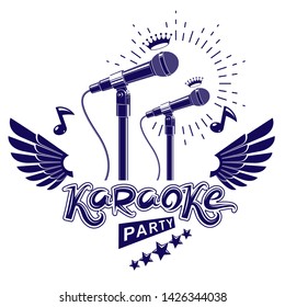 Karaoke party promotion poster design composed using musical notes, 5 pentagonal stars and wings. Rap battle concept, two stage microphones vector illustration.