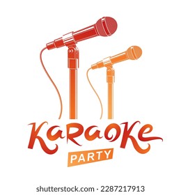 Karaoke party promotion poster design. Rap battle concept, two stage microphones vector illustration.