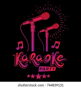 Karaoke party promotion poster design composed using musical notes and 5 pentagonal stars. Rap battle concept, two stage microphones vector illustration.