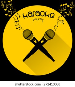 Karaoke party round icon. Two crossed black silhouette classic microphone with flying musical notes. flat and shadow retro design sign, vector art image illustration isolated on yellow background