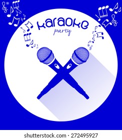 Karaoke party round icon. Two crossed black silhouette classic microphone with flying musical notes. flat and shadow retro design sign, vector art image illustration isolated on yellow background