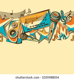 Karaoke party seamless pattern. Music event background. Illustration in retro style.