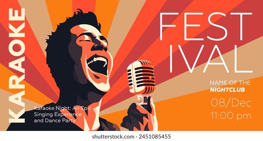 Karaoke party show banner. Music night club festival drawing art print. Man sing song into mic. Musical event artwork placard template with singing person. Trendy typography cover vector eps design