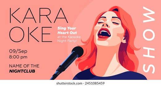 Karaoke party show banner. Music night club festival drawing art print. Woman sing song into mic. Musical event artwork placard template with singing person. Trendy typography cover vector eps design