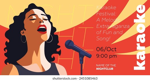 Karaoke party show banner. Music night club festival drawing art print. Woman sing song into mic. Musical event artwork placard template with singing female. Trendy typography cover vector eps design