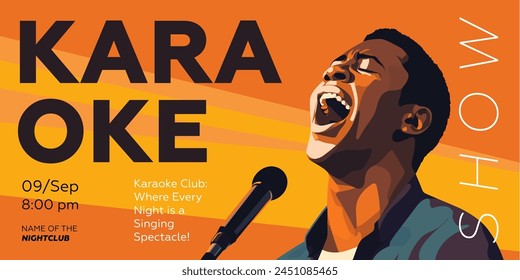 Anuncio de espectáculo de karaoke. Festival nocturno de música dibujando impresión artística. El hombre canta una canción en el micrófono. Plantilla de carteles de obra de arte de evento musical con persona masculina negra cantando. Diseño de Vector de tipografía de moda