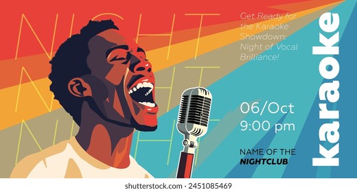 Karaoke party show banner. Music night club festival drawing art print. Man sing song into mic. Musical event artwork placard template with singing black person. Trendy typography vector eps design