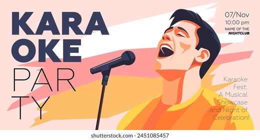 Karaoke party show horizontal banner. Music night club festival drawing art print. Man sing song into mic. Musical event artwork placard template with singing person. Trendy typography vector design