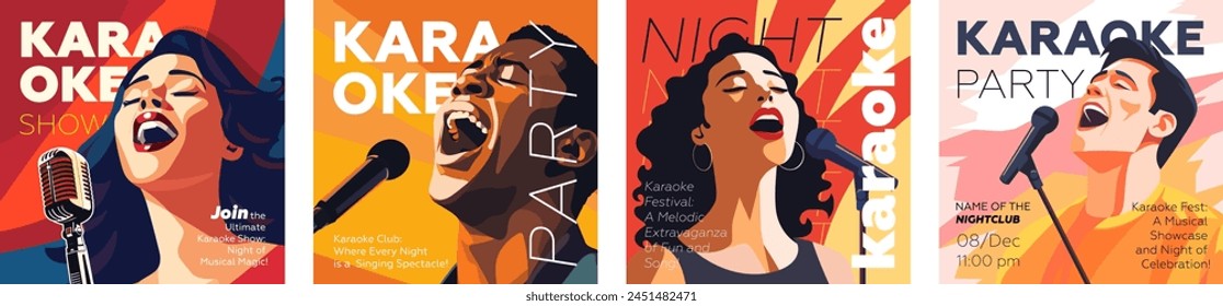 Juego de Anuncio cuadrado de espectáculo de fiesta de karaoke. Festival nocturno de música dibujando estampados de arte. Personas cantan canción en el micrófono. Plantilla de volante de evento musical con persona cantante. Diseño de Vector de cubierta de tipografía de moda