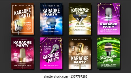 Karaoke Poster Set Vector. Colorful Instrument. Technology Symbol. Party Flyer. Music Night. Realistic Illustration