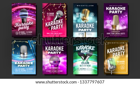 Karaoke Poster Set Vector. Mic Design. Disco Banner. Rock Fun. Vocal Sign. Media Announcement. Star Show. Modern Sound. Creative Layout. Voice Equipment. Sing Song. Dance Event. Realistic Illustration