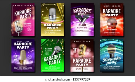 Karaoke Poster Set Vector. Music Night. Sing Song. Dance Event. Vintage Studio. Old Bar. Speaker Label.Entertainment Competition. Musical Record. Broadcast Object. Realistic Illustration
