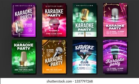 Karaoke Poster Set Vector. Vintage Studio. Musical Record. Broadcast Object. Luxury Emblem. Audio Element. Style. Realistic Illustration