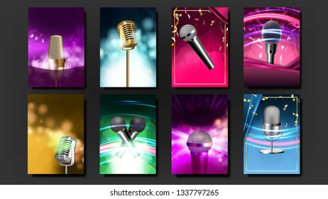 Karaoke Poster Template Blank Set Vector. Mic Design. Disco Banner. Voice Equipment. Sing Song. Luxury Emblem. Audio Element. Dance Event. Realistic Illustration