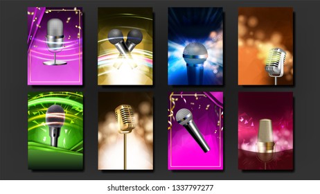 Karaoke Poster Template Blank Set Vector. Rock Fun. Vocal Sign. Media Announcement. Colorful Instrument. Technology Symbol. Party Flyer. Music Night. Realistic Illustration