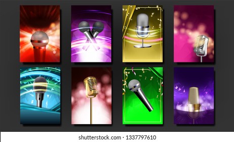 Karaoke Poster Template Blank Set Vector. Music Night. Sing Song. Dance Event. Vintage Studio. Musical Record. Broadcast Object. Festival Concept. Live Singer. Abstract Template. Illustration