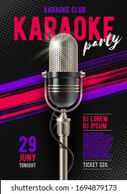 Karaoke poster template with retro microphone. Vector illustration. Design for cover, flyer, invitation, placard.