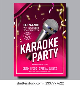 Karaoke Poster Vector. Club Background. Mic Design. Karaoke Disco Banner. Voice Equipment. Sing Song. Dance Event. Festival Concept. Live Singer. Vocal Sign. Old Bar. Star Show. Realistic Illustration