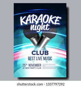 Karaoke Poster Vector. Disco Banner. Karaoke Voice Equipment. Sing Song. Entertainment Competition. Media Announcement. Luxury Emblem. Abstract Template. Rock Fun. Vocal Sign. Realistic Illustration