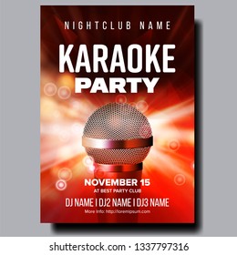 Karaoke Poster Vector. Disco Banner. Karaoke Voice Equipment. Sing Song. Entertainment Competition. Media Announcement. Luxury Emblem. Abstract Template. Rock Fun. Vocal Sign. Realistic Illustration