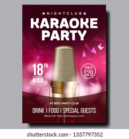 Vector de afiches de karaoke. Banner Disco. Equipo Karaoke Voice. Canción. Competencia de entretenimiento. Anuncio de los medios. Lujoso Emblem. Plantilla abstracta. Diversión rock. Signo vocal. Ilustración realista