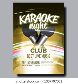 Karaoke Poster Vector. Party Flyer. Karaoke Music Night. Radio Microphone. Retro Concert. Club Background. Mic Design. Disco Banner. Voice Equipment. Realistic Illustration