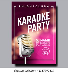 Karaoke Poster Vector. Party Flyer. Karaoke Music Night. Radio Microphone. Abstract Template. Rock Fun. Vocal Sign. Old Bar. Star Show. Modern Sound. Realistic Illustration