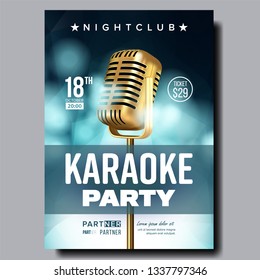 Karaoke Poster Vector. Retro Concert. Karaoke Club Background. Mic Design. Creative Layout. Audio Element. Speaker Label. Entertainment Competition. Media Announcement. Luxury. Realistic Illustration