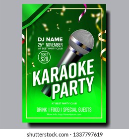 Karaoke Poster Vector. Retro Concert. Karaoke Club Background. Mic Design. Creative Layout. Audio Element. Speaker Label. Entertainment Competition. Media Announcement. Luxury. Realistic Illustration