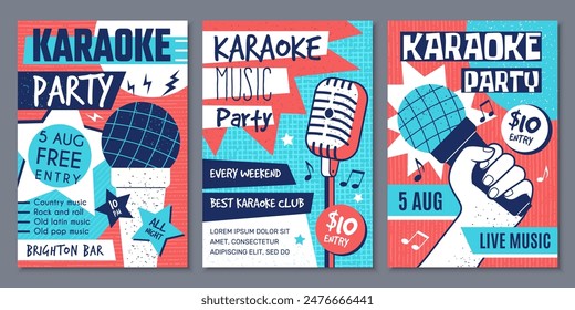 Karaoke poster. Vintage style placard with microphones pictures and place for text karaoke club promotional ads recent vector template