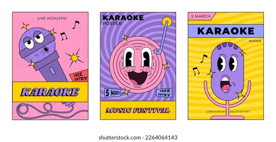 Karaoke posters set. Old Cartoon advertising wallpaper for standup open mic comedy, disc, banner design for broadcast music concert promotion. Vector illustration. Festival, vocal performance