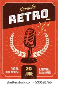 Karaoke retro style poster with microphone laurel wreath and rays musical notes on terracotta background vector illustration