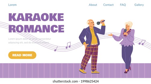 Karaoke romance party webpage mockup with elderly couple singing with mic, flat vector illustration. Karaoke club or bar website or landing page header.