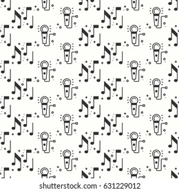 Karaoke seamless pattern. Microphone and notes icon. Party celebration decor elements. Vector illustration. Background. Black and white graphic texture for your design. Print