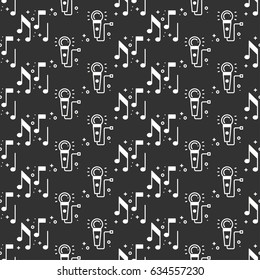 Karaoke seamless pattern. Microphone and notes icon. Party celebration decor elements. Vector illustration. Background. Black and white graphic texture for your design. Print