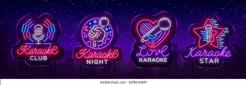 Karaoke set of neon signs. Collection is a light logo, a symbol, a light banner. Advertising bright night karaoke bar, party, disco bar, night club. Live music. Design template. Vector. Billboard