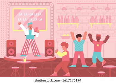 Composición de cantante de karaoke con interiores de bar y personajes planos de amigos cantando y bailando en ilustración vectorial pública