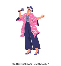 Karaoke singer female personage wearing fashionable and modern clothes. Vector flat cartoon character with microphone in hands, signing songs and performing on stage. Vocalist of music band