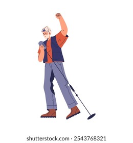 Karaoke singer personage with vintage microphone stand gesturing during song. Vector flat cartoon character, senior male with long hair performing at local concert or performance for vocalists