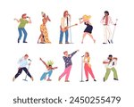 Karaoke singers characters. Singing guy female vocalist holding mic, cartoon singer character rocker dress microphone performing vocal party music song, classy vector illustration of character karaoke