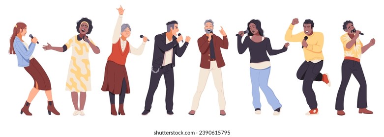 Karaoke singers. Happy senior people, talented men and women with microphone singing and dancing, musicians performing, vocalists in different poses, cartoon flat isolated tidy vector set